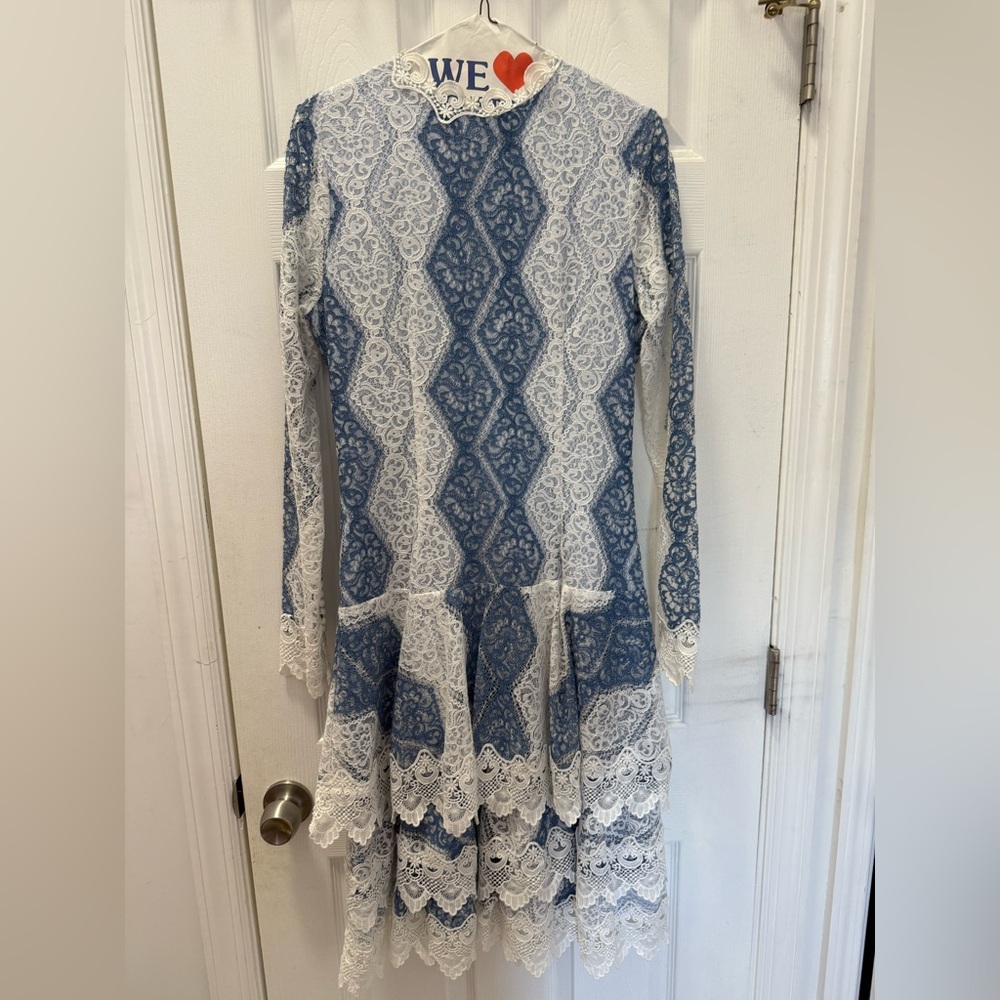 Blue and White Lace Long Sleeve Dress